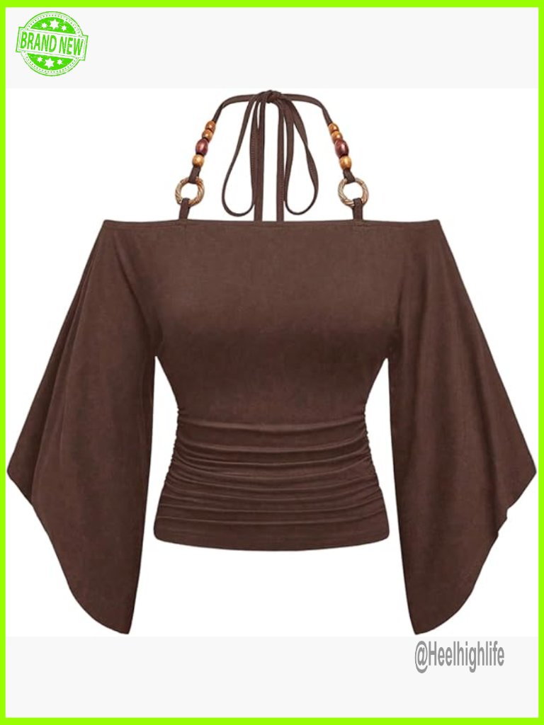 Off Shoulder Halter Top Flare Sleeve Ruched Fitted Going Out Top
